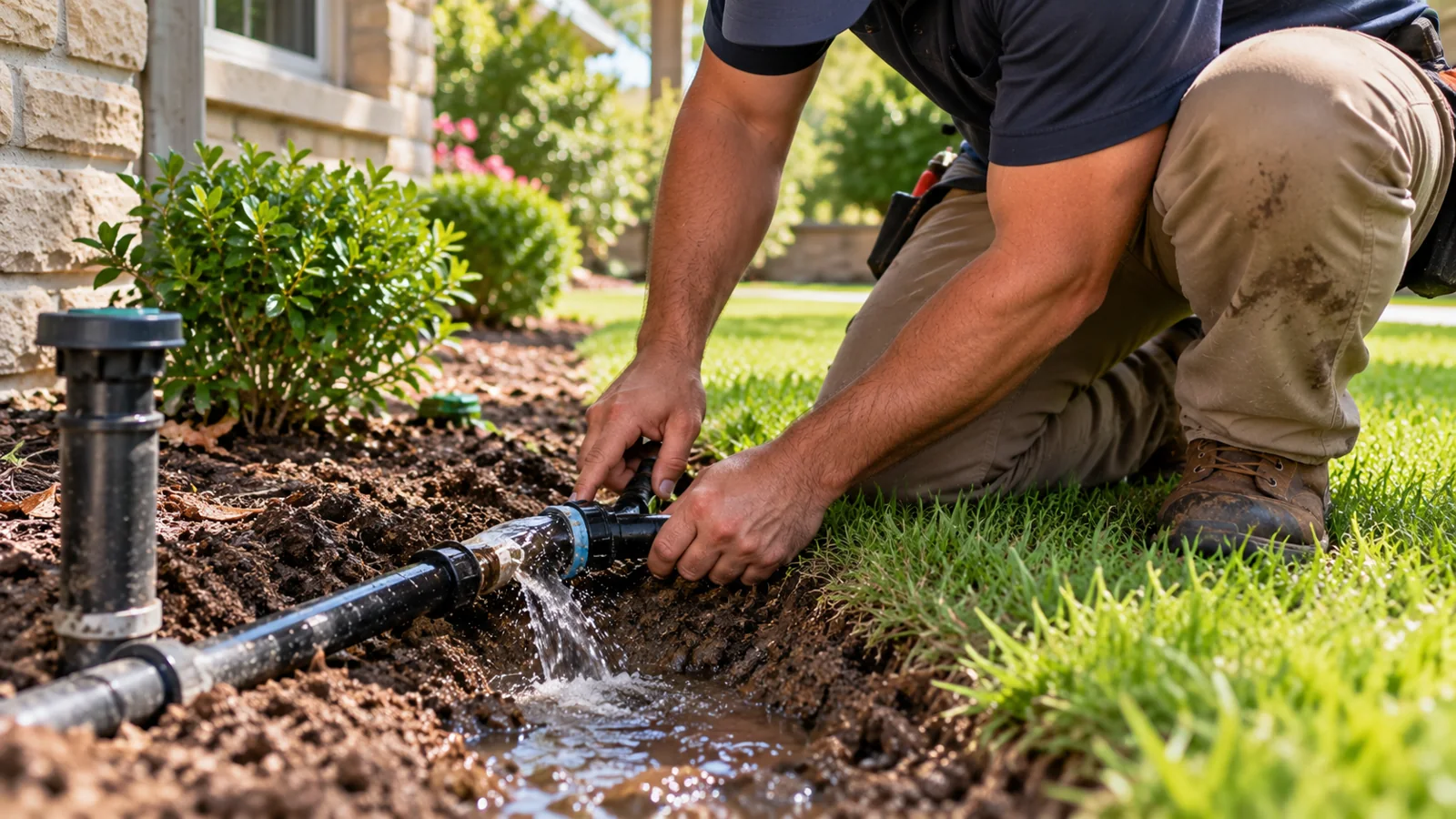 Technician inspecting a leaking outdoor pipe connection beside a lawn and garden bed.