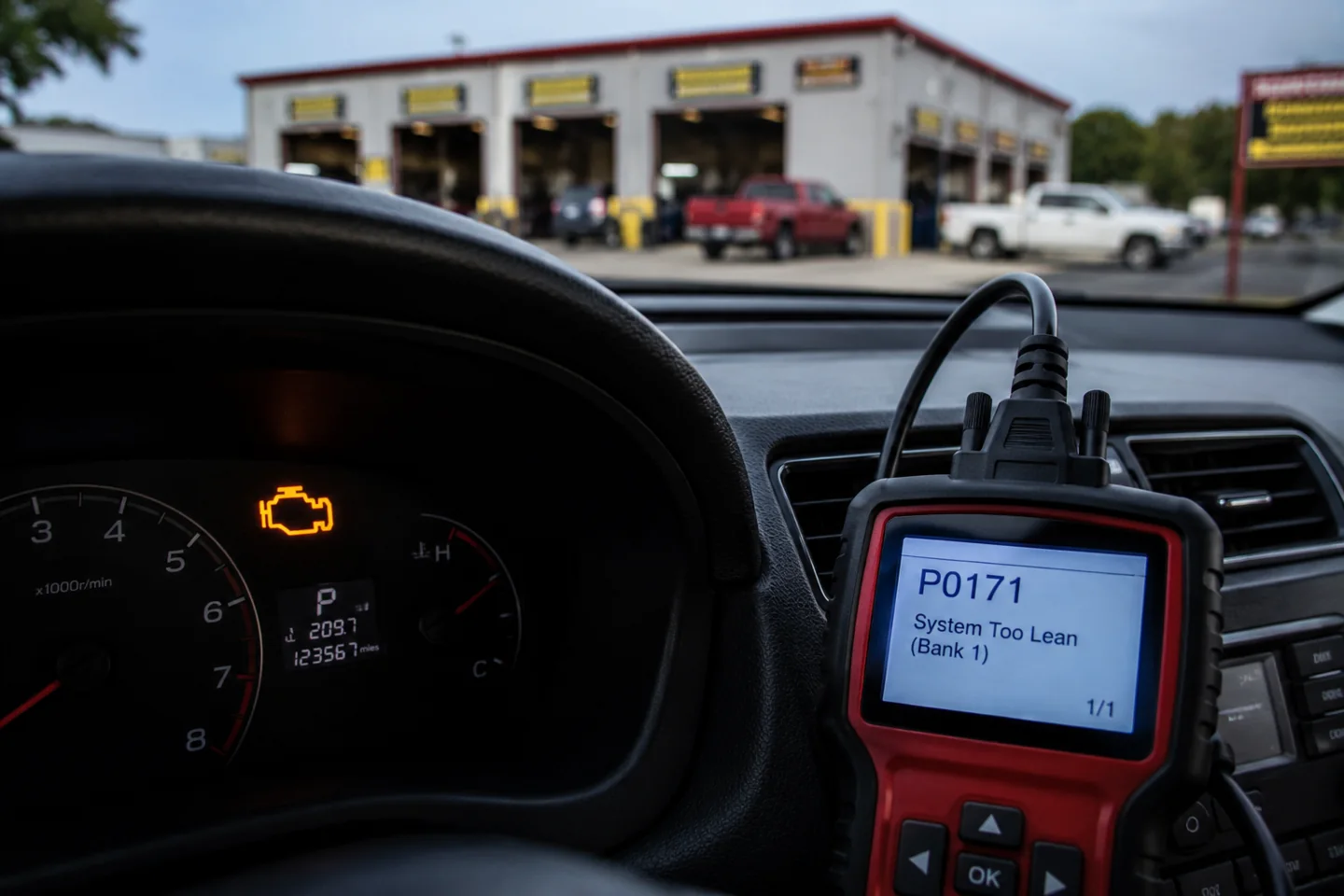Illuminated check engine light beside a connected diagnostic scanner.