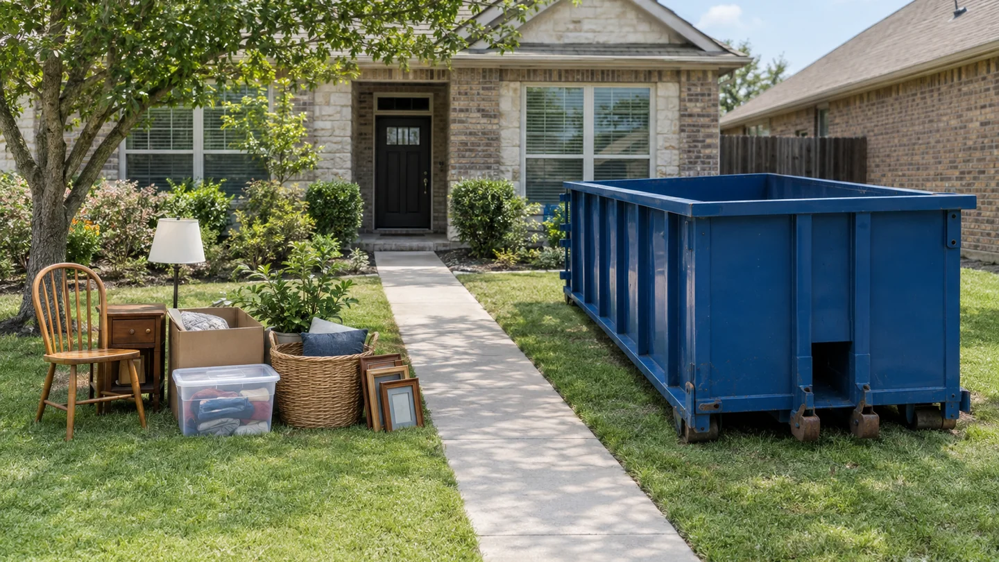 Unbranded roll-off outside a home with a clear walkway and a few sorted household items ready for self-loading.
