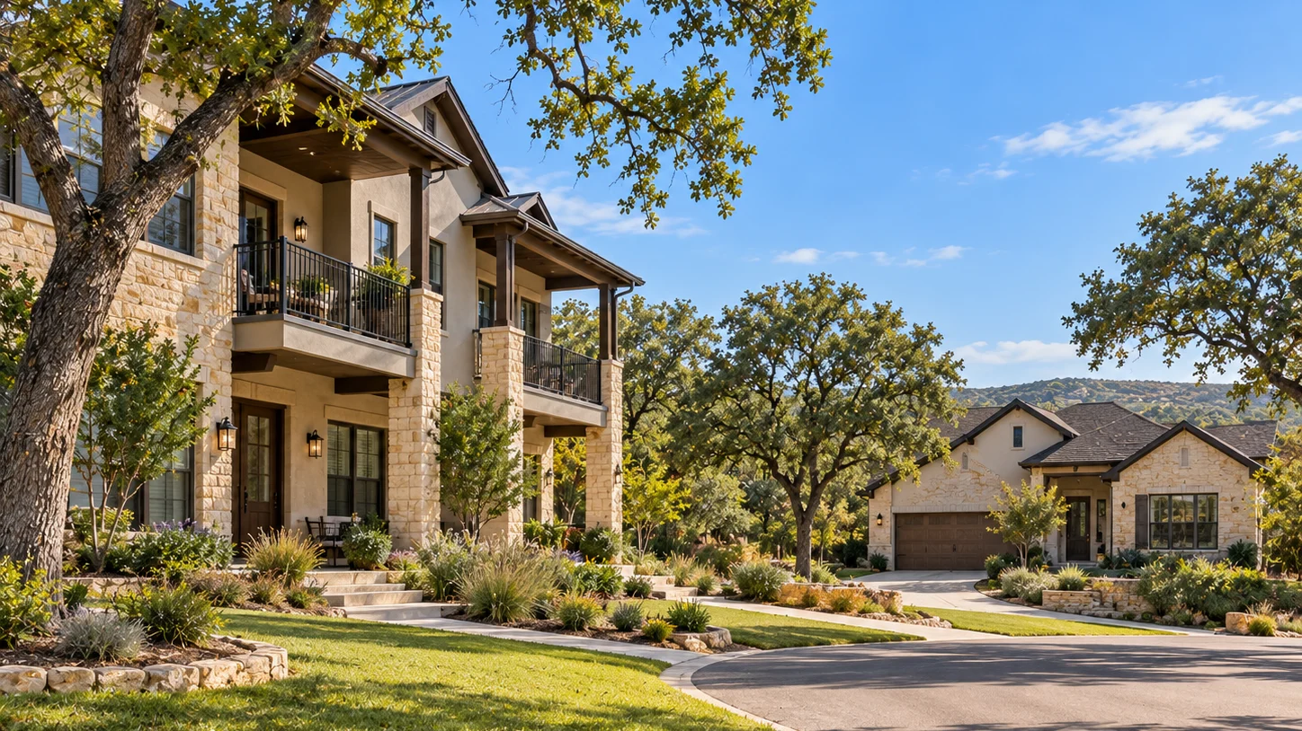 Two-story limestone-and-stucco residential building with balconies beside a detached stone home and landscaped grounds.