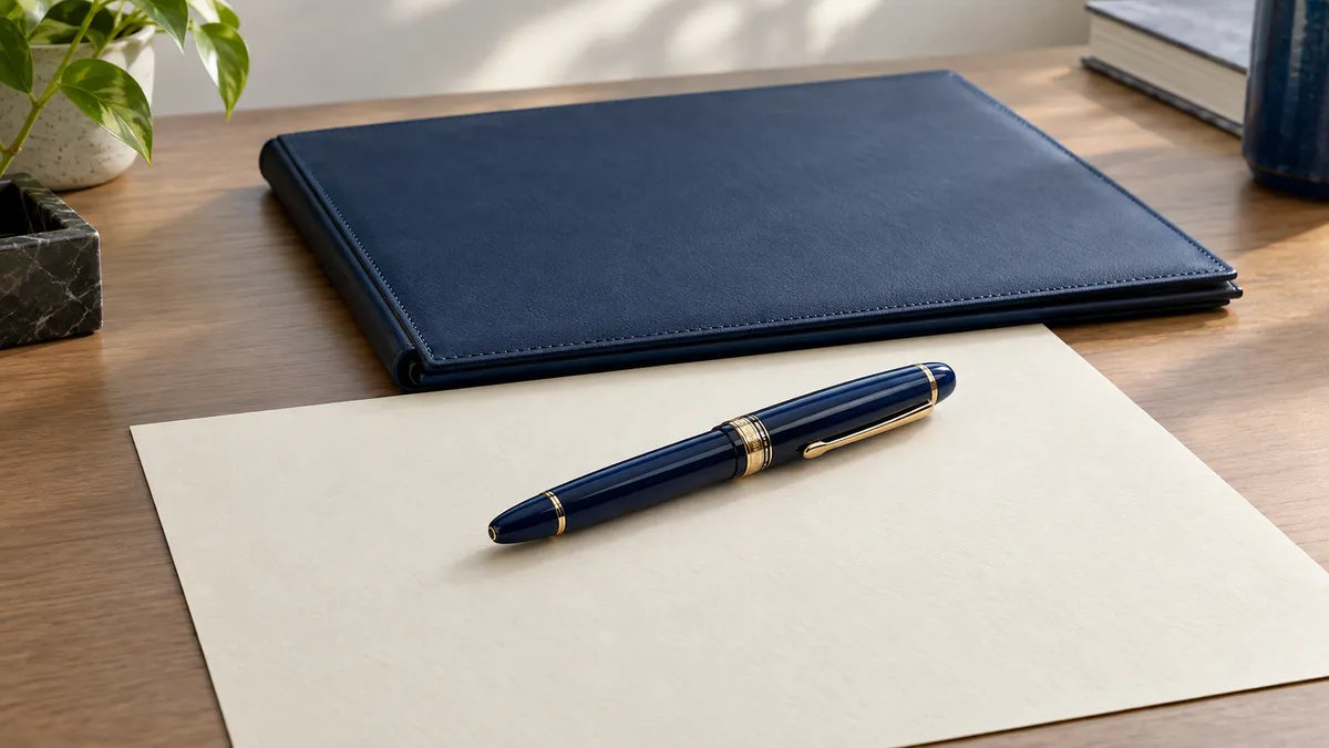 AI-generated editorial illustration of a capped pen, blank paper and closed portfolio.