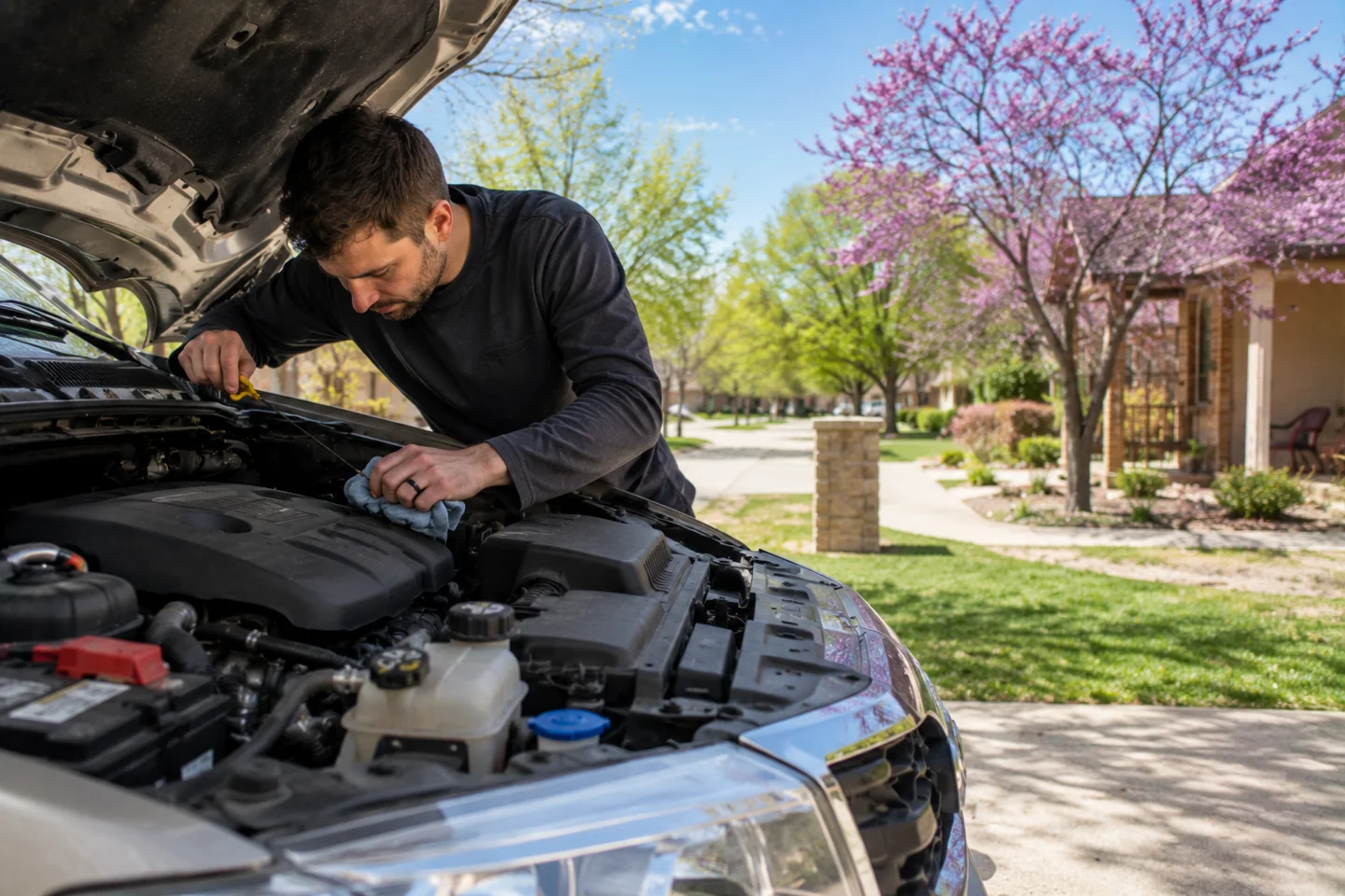 Person checking a vehicle engine with the hood open near flowering trees.