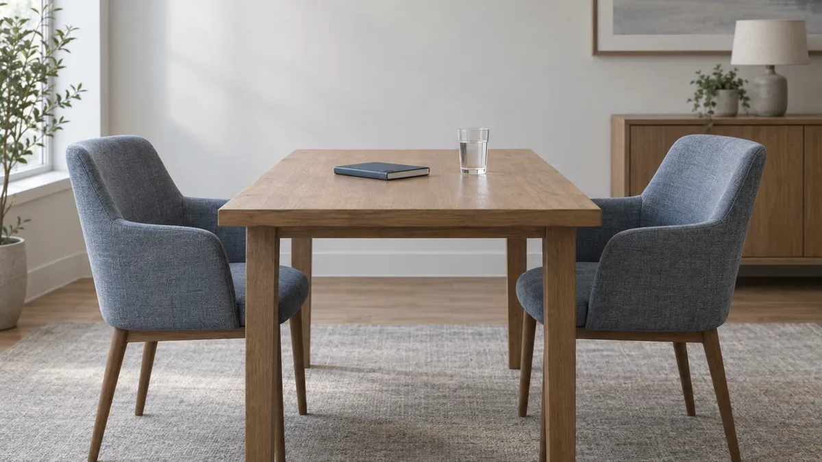 AI-generated editorial illustration of two empty chairs at a meeting table.