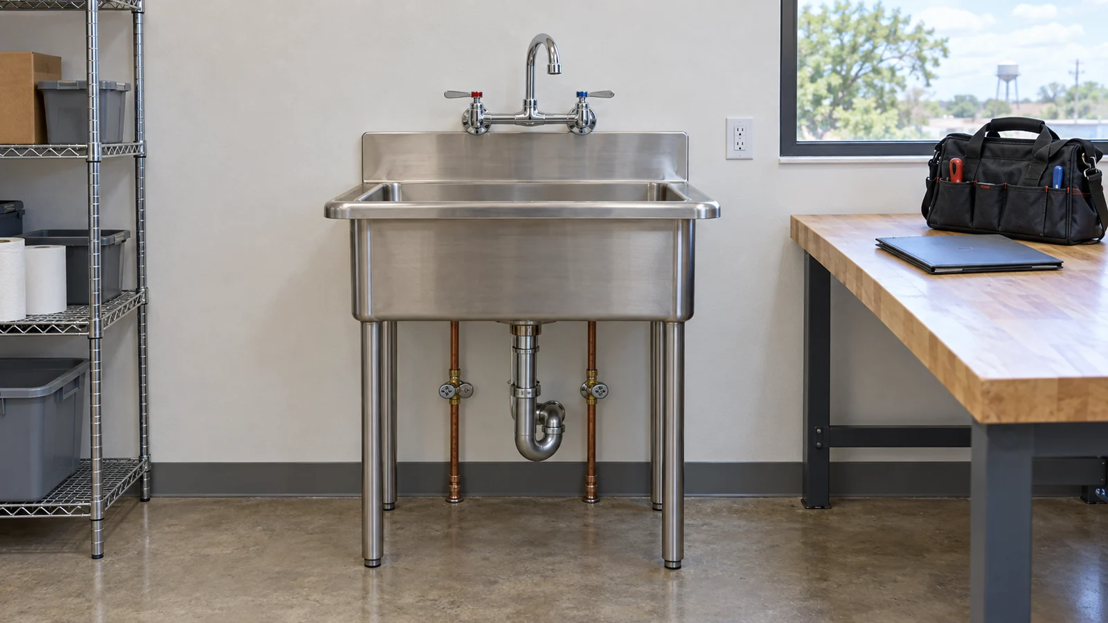 Service sink and accessible plumbing in a small commercial utility area.