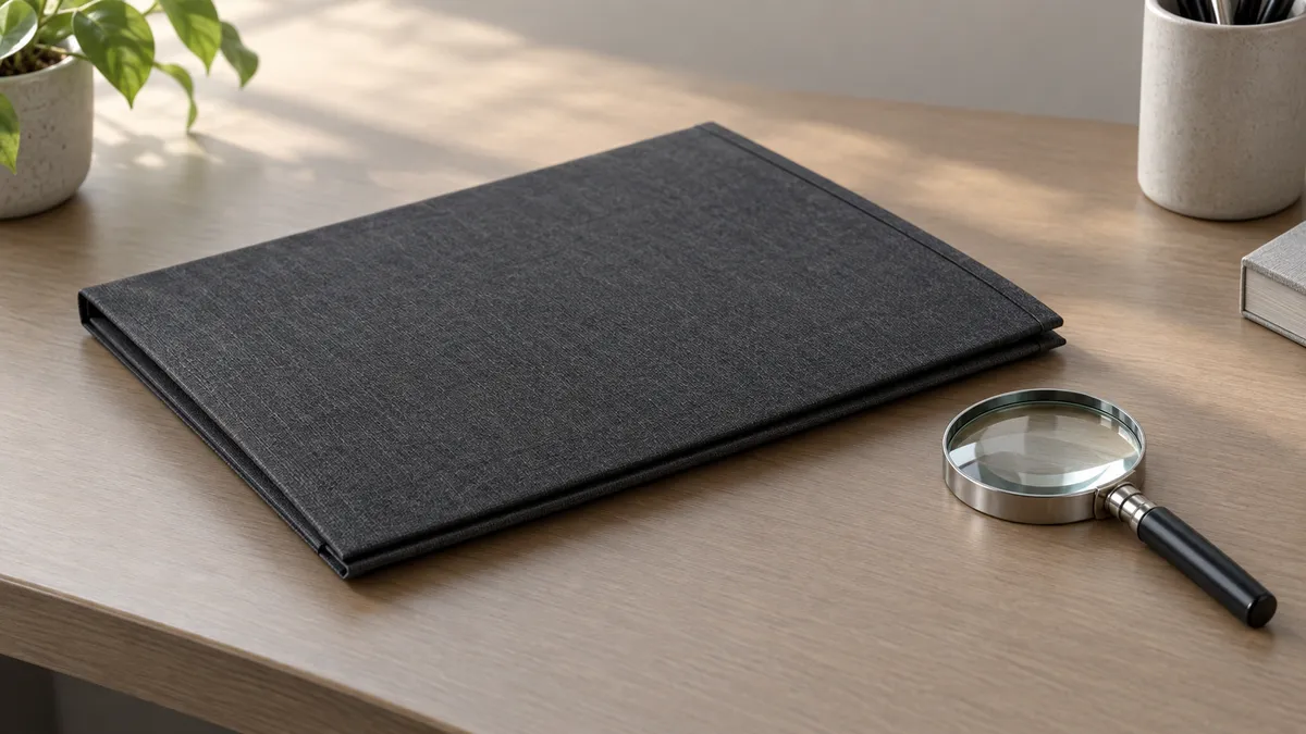 AI-generated editorial illustration of a closed folder and magnifying glass.
