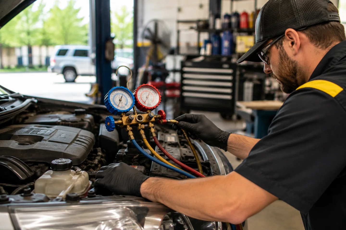 Person using A/C gauges beside an open vehicle engine bay.