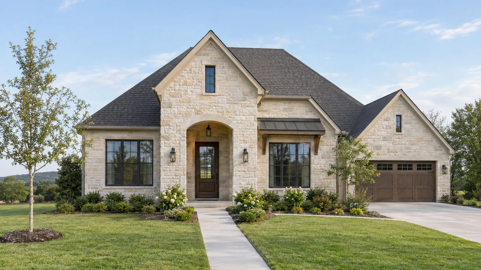 AI-generated editorial illustration of a limestone home with a clean front walkway and simple landscaping in daylight.