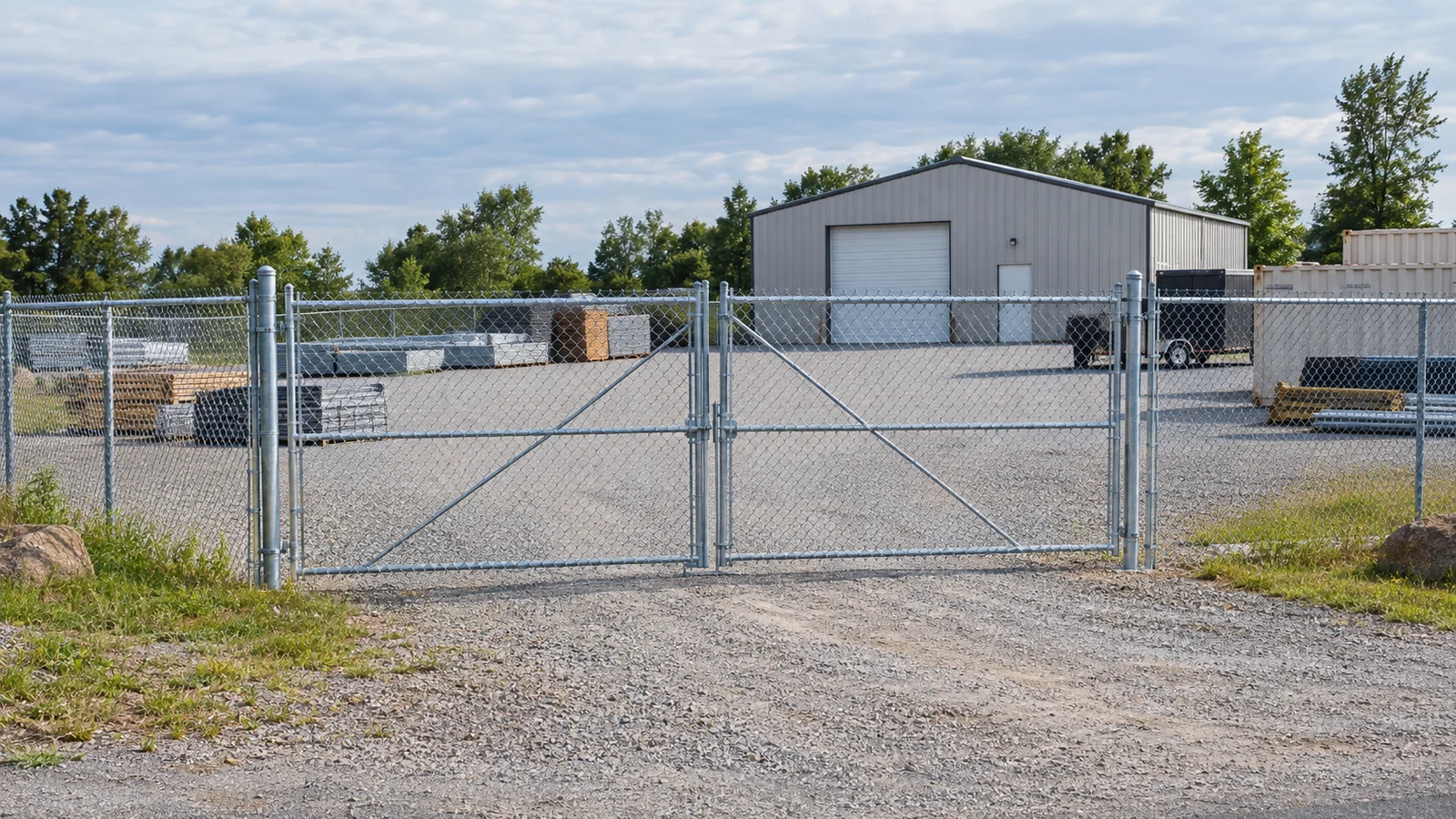 AI-generated editorial illustration of a chain-link perimeter and closed double gate around a gravel commercial yard.