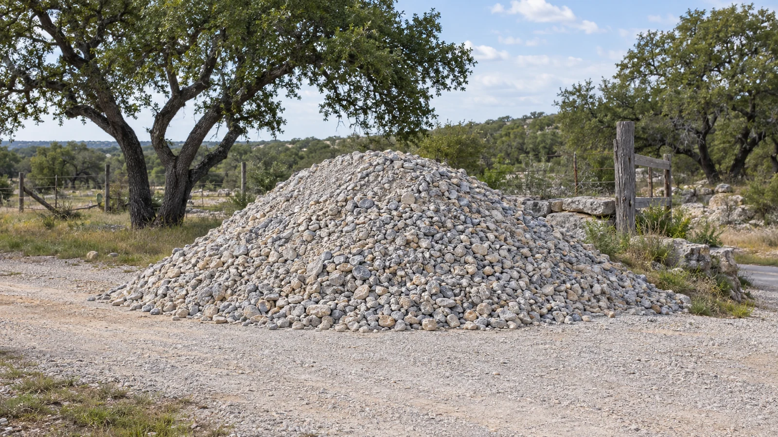 AI-generated editorial illustration of a crushed-stone stockpile beside a rural gravel entrance and oak trees.