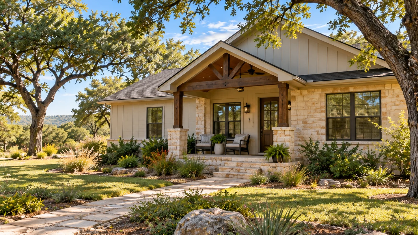 Stone-and-siding home with a covered porch, two chairs, a stone walkway and mature shade trees.