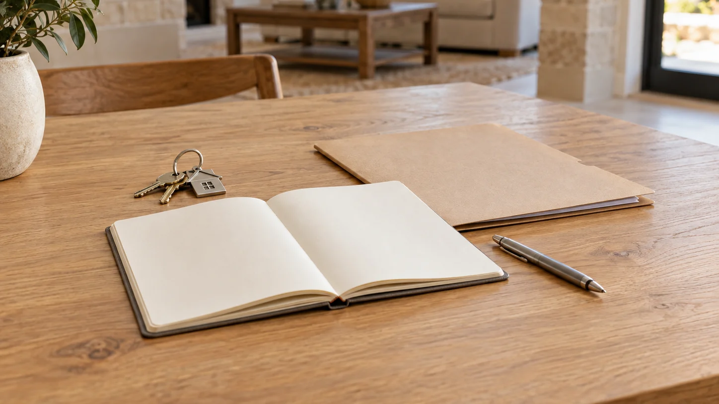 House keys, an open blank notebook, a document folder and a pen on a wooden table in a sunlit residential interior.