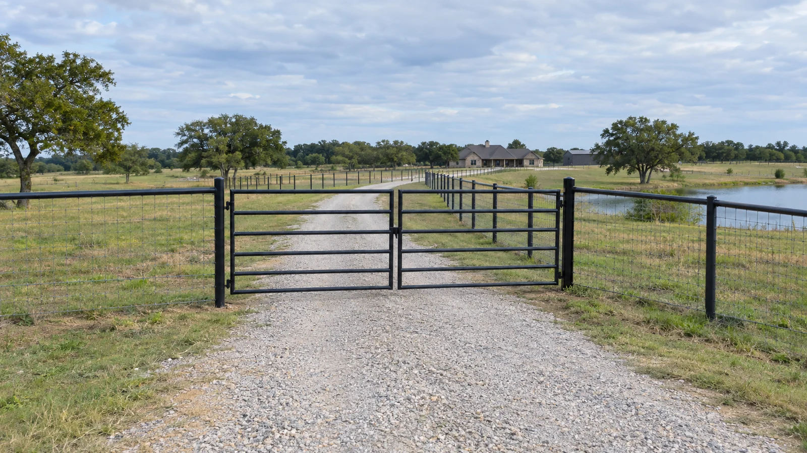 AI-generated editorial illustration of a black pipe ranch entrance with a closed metal gate, gravel driveway and adjoining pasture fencing.