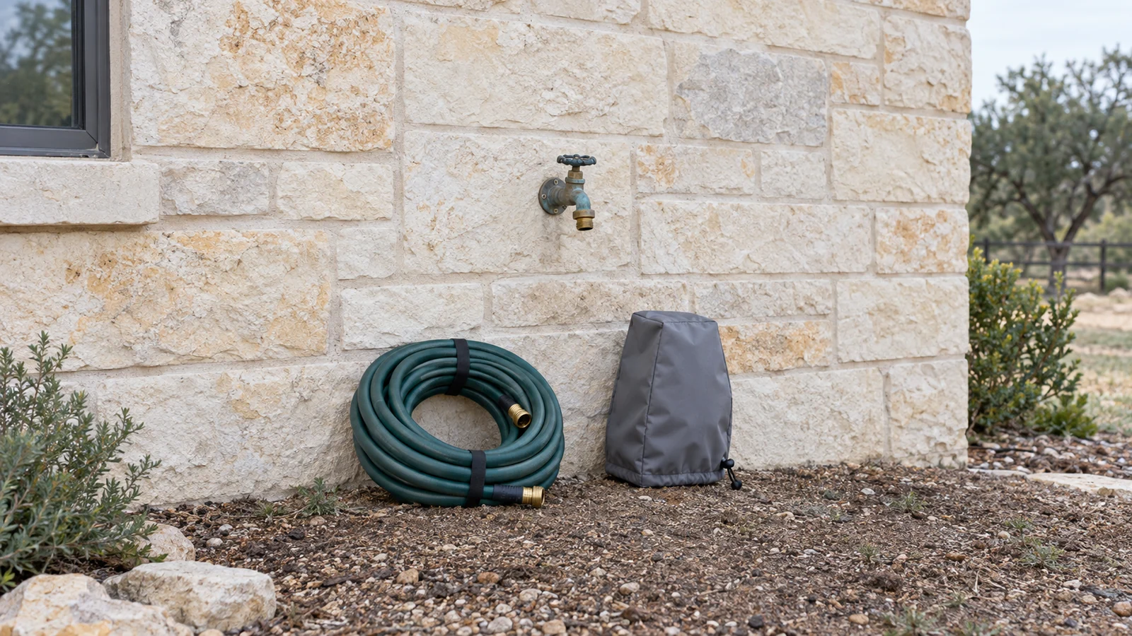 Exterior hose faucet on a stone wall with a disconnected hose and an insulated cover nearby.