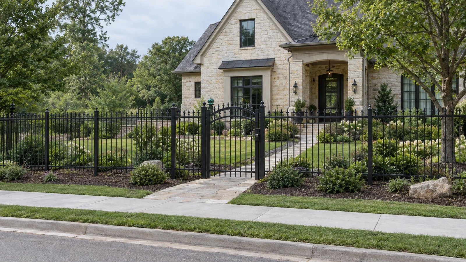 AI-generated editorial illustration of black ornamental fencing and a closed walk gate beside a landscaped limestone home.