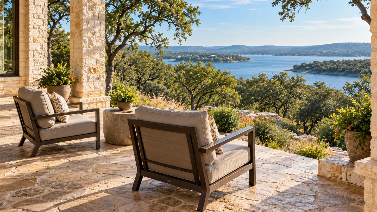 Two outdoor chairs on a covered limestone patio overlooking trees, a lake and low hills.