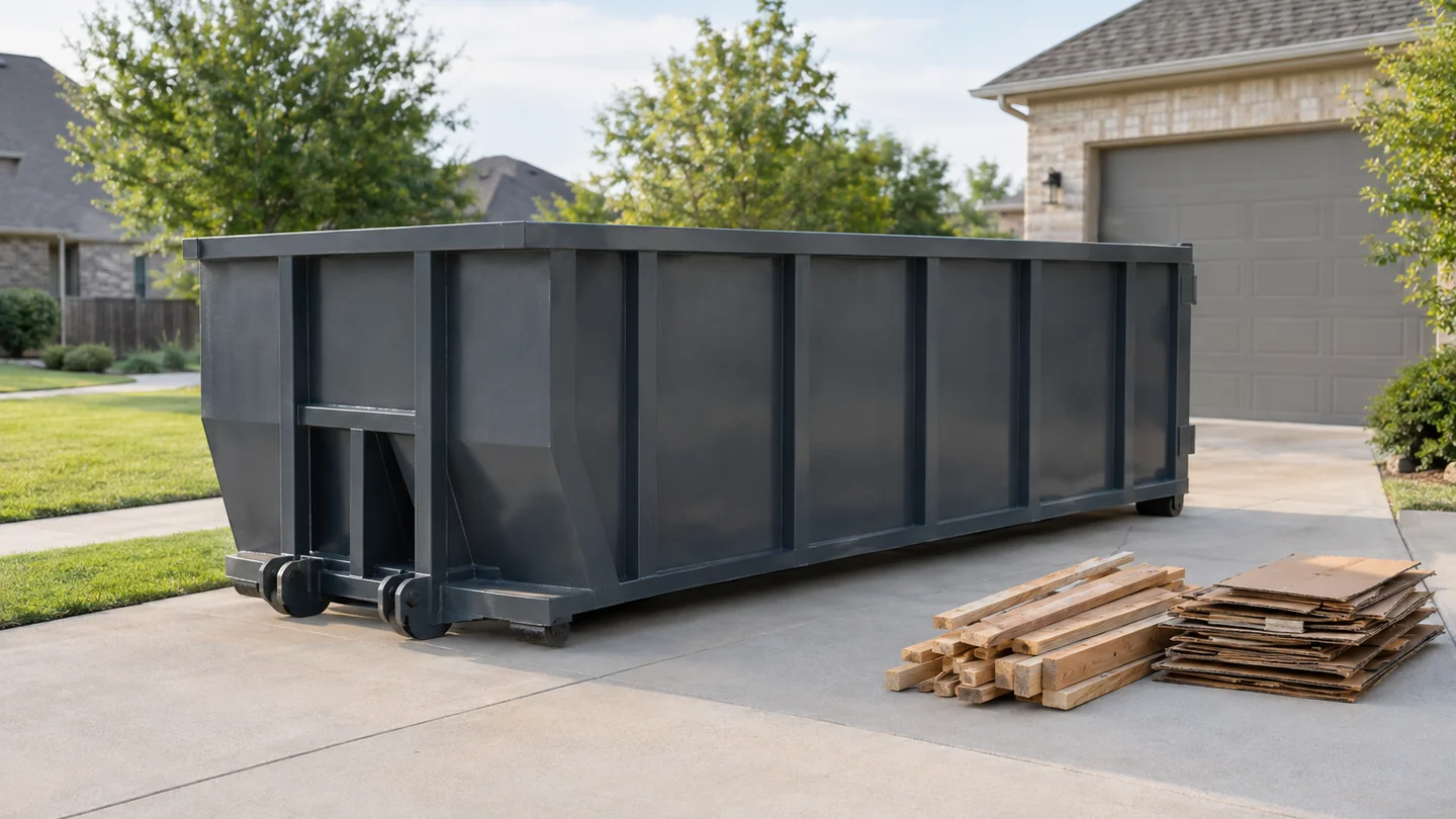 Unbranded roll-off dumpster beside a clear residential driveway with a small sorted debris pile nearby.