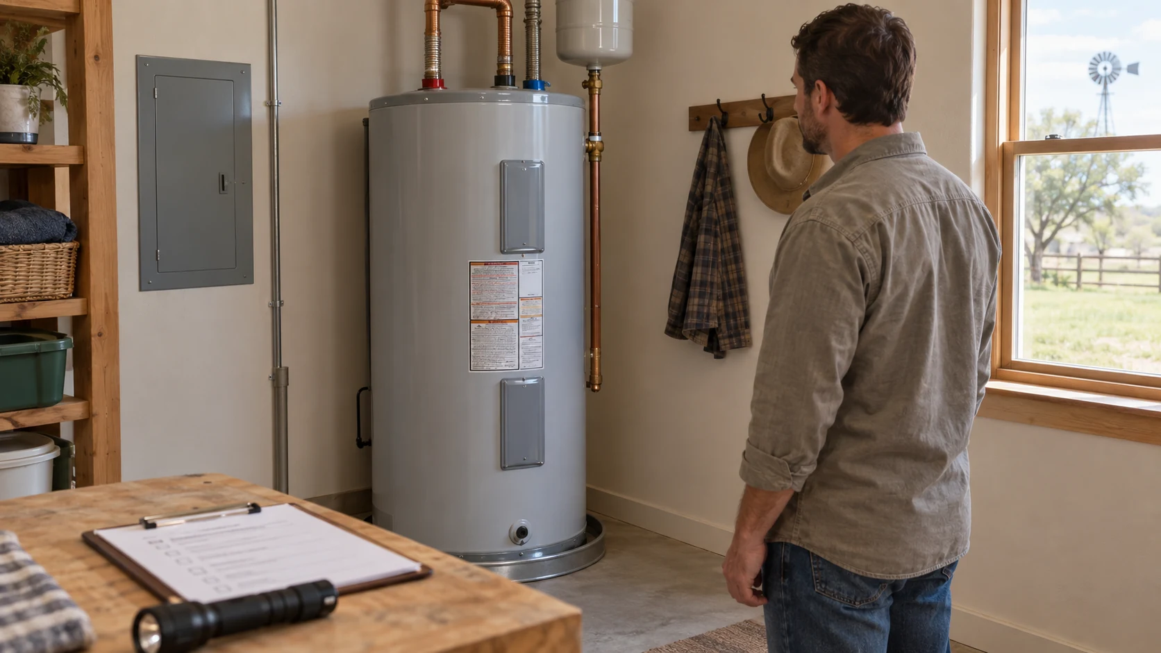 Homeowner looking at a tank water heater in a utility room, with a maintenance checklist and flashlight nearby.