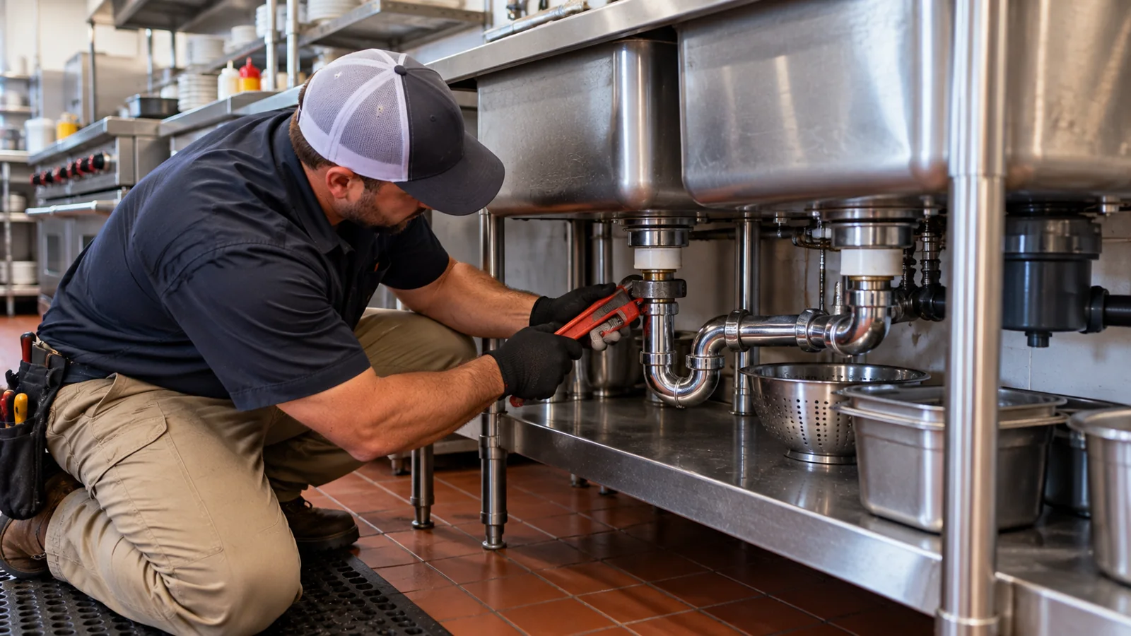 Technician using a pipe wrench on drain plumbing beneath a stainless steel sink in a commercial kitchen.