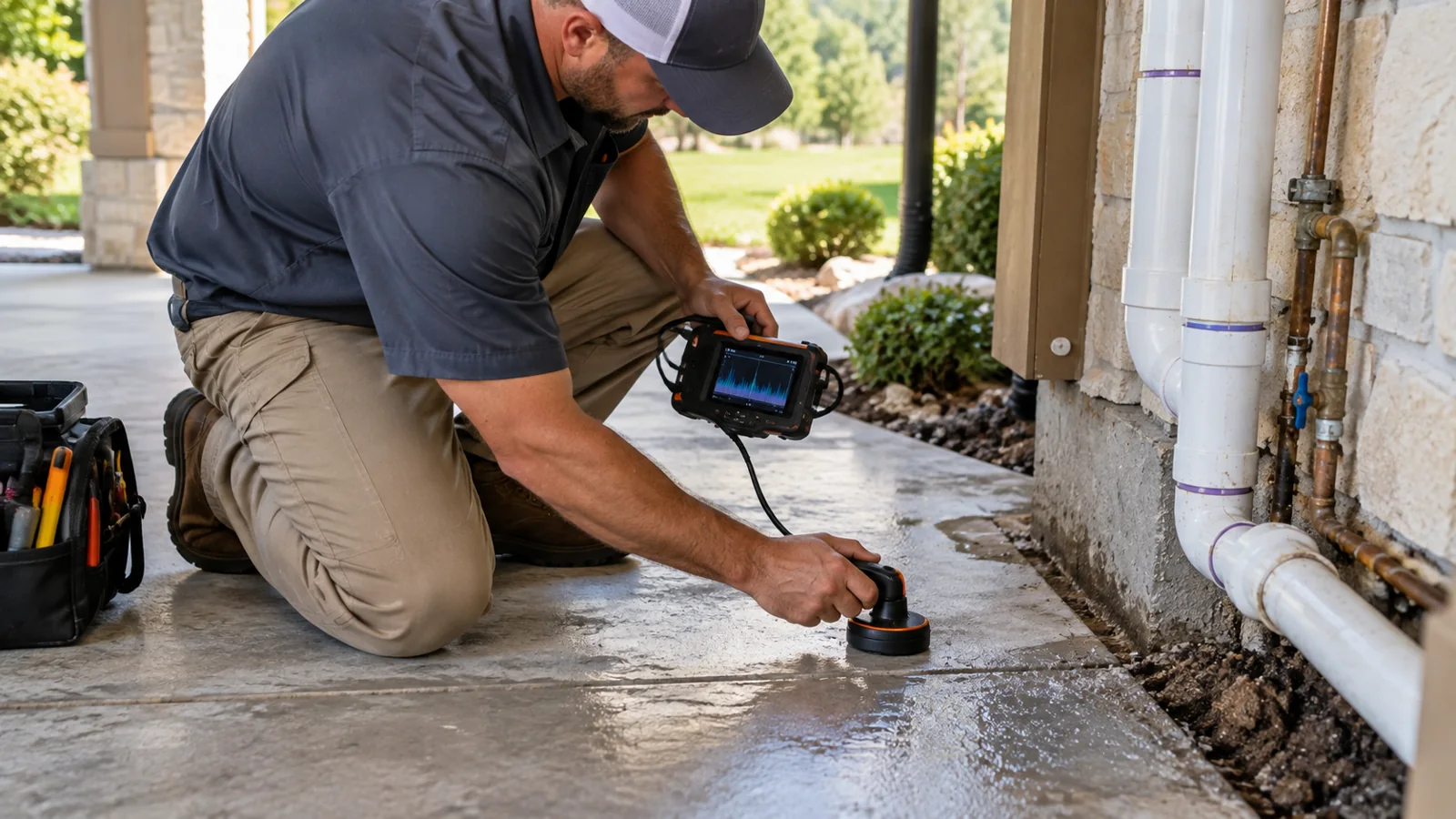 Technician using a leak-detection sensor on wet concrete beside exterior plumbing.