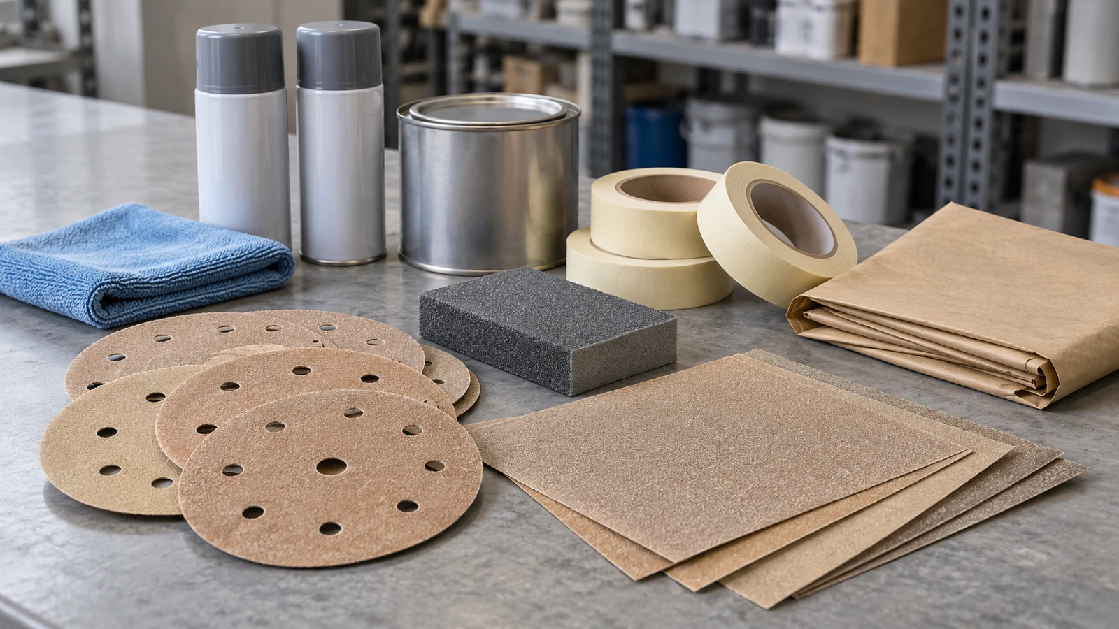 Sanding discs, sandpaper, sanding block, masking tape, folded paper, capped aerosol cans and a blue cloth on a supply counter.