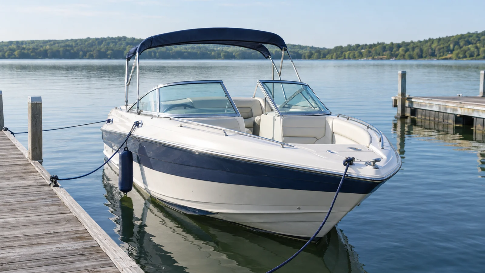 AI-generated editorial illustration of a blue-and-white recreational boat secured beside a dock on calm freshwater.