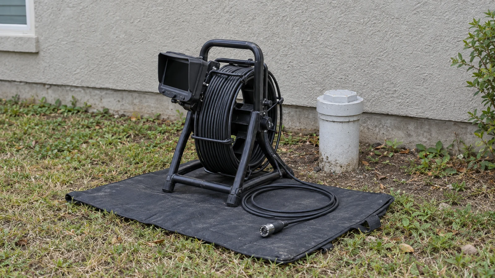 Unbranded drain camera reel and camera head beside an exterior clean-out.