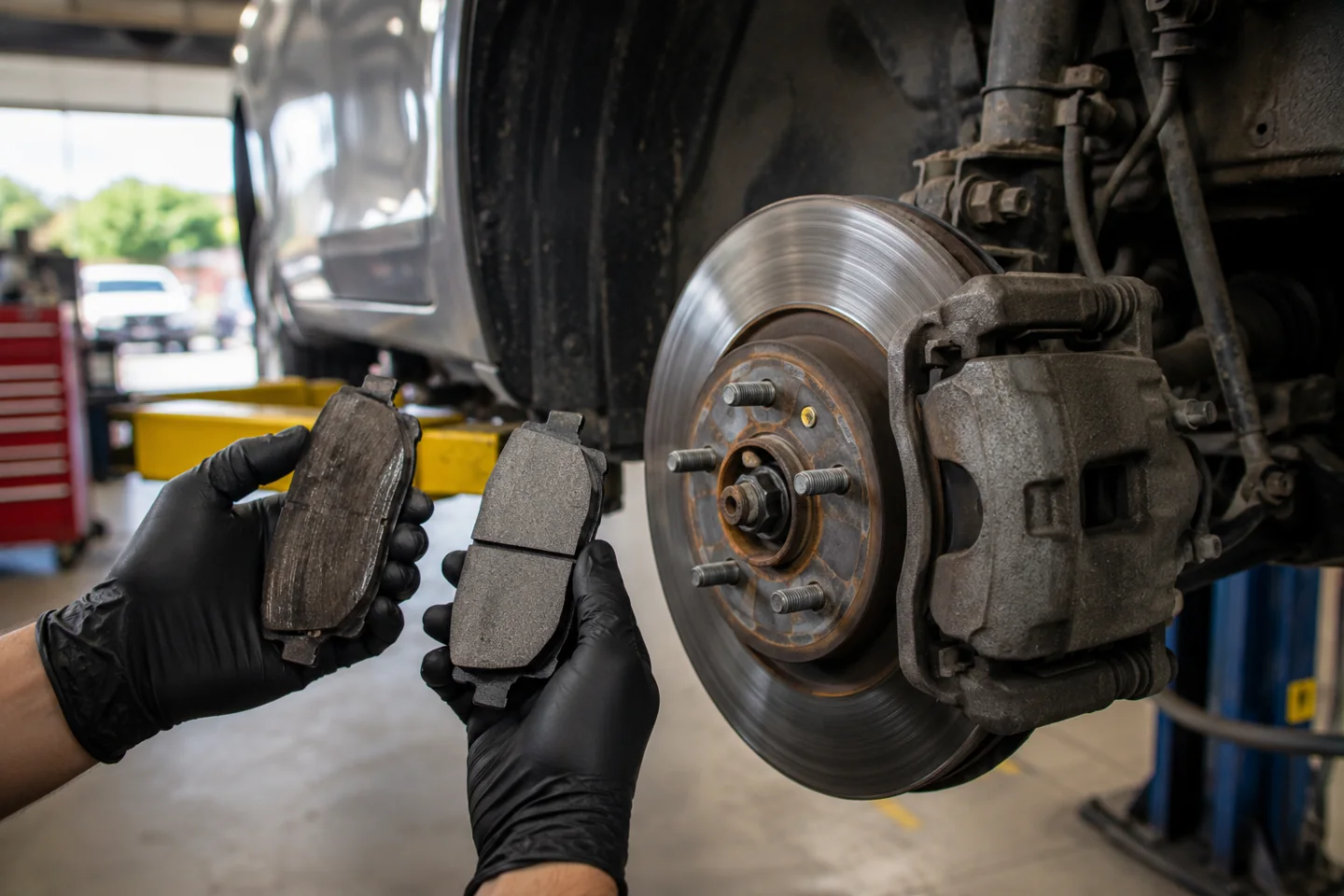 Gloved hands holding two brake pads beside an exposed rotor.