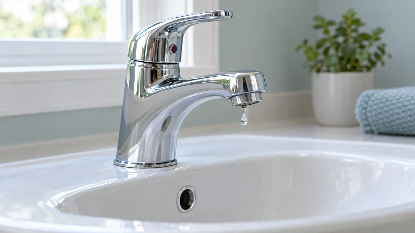 Single-handle bathroom faucet with a small droplet above a ceramic basin.