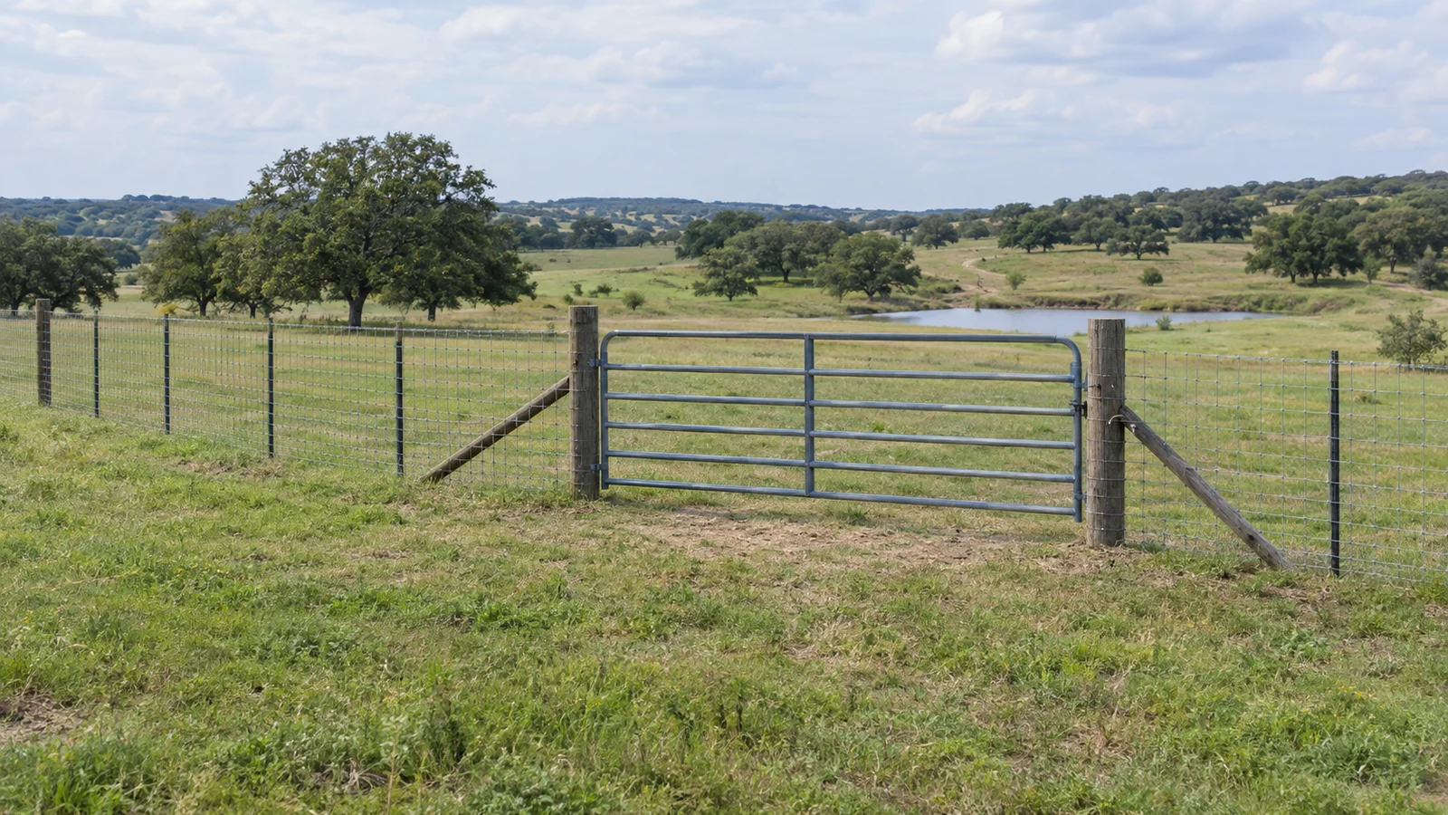 AI-generated editorial illustration of a wire pasture fence and closed galvanized farm gate on grassy acreage.