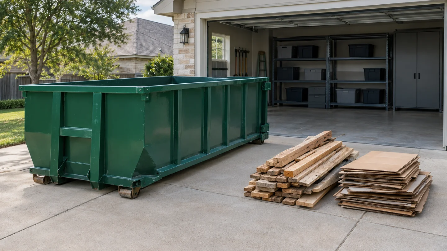 Unbranded dumpster beside a tidy household cleanout area with ordinary wood and cardboard separated from storage shelves.