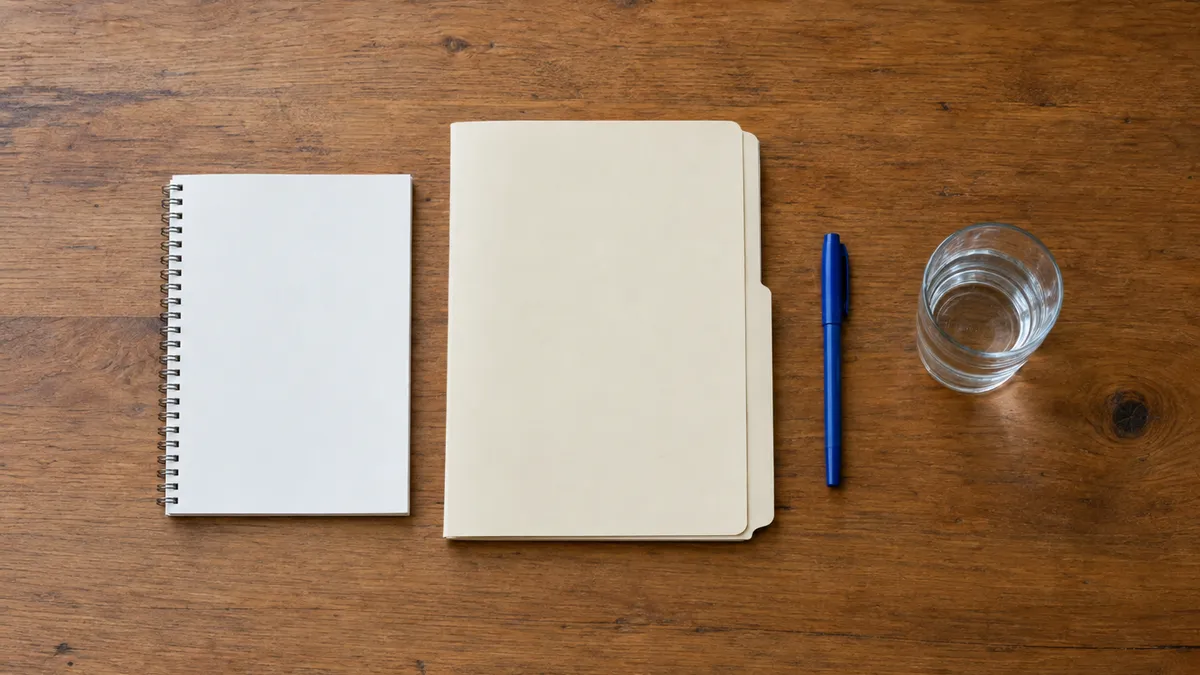 AI-generated editorial illustration of a blank notepad, folder, pen and water glass.