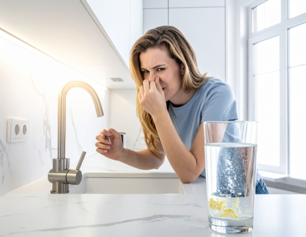 Homeowner reacting to bad-smelling tap water — sulfur odor, iron, and hard water are common water quality issues in Southeast Texas homes treated by Clear Solution Services