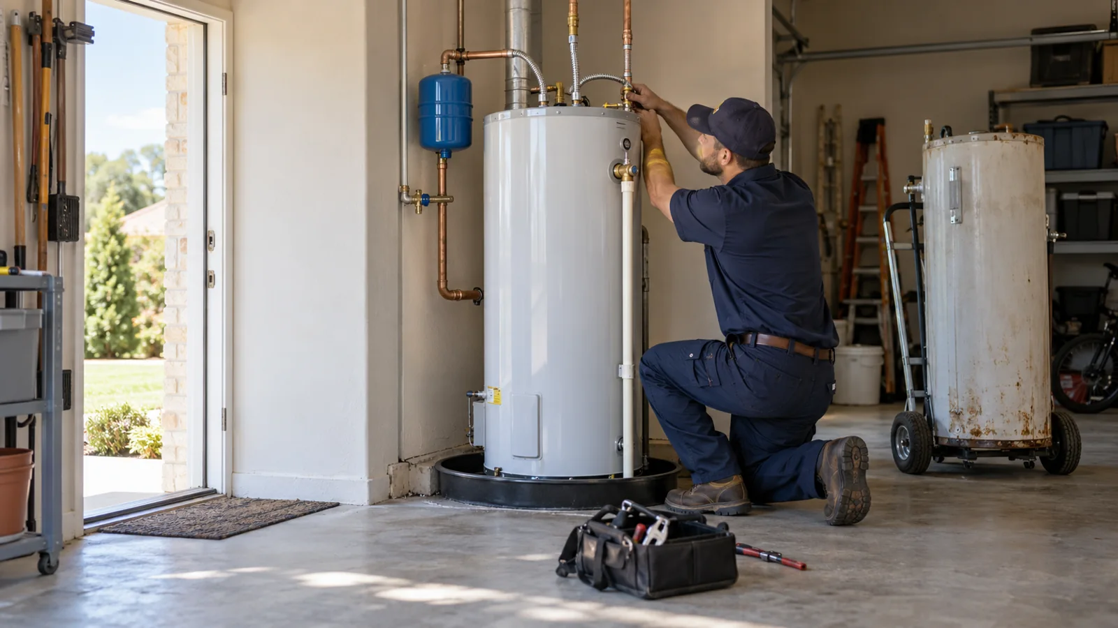 Plumber working on a tank water heater in a garage, with an older water heater on a hand truck nearby.