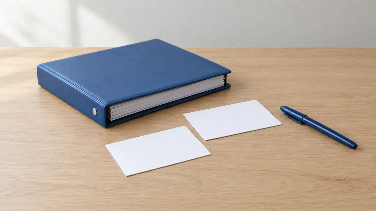 AI-generated editorial illustration of a closed binder, blank cards and a pen.