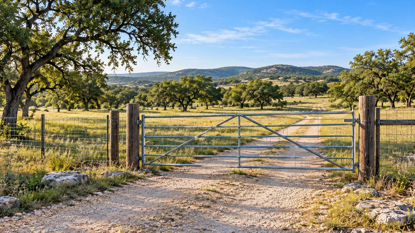 Metal farm gate and wire fencing across a gravel entrance leading into grassy land with oak trees and low hills.
