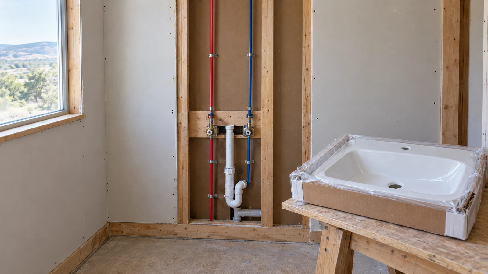 Open wall framing with accessible plumbing beside a packaged sink during a generic bathroom renovation.