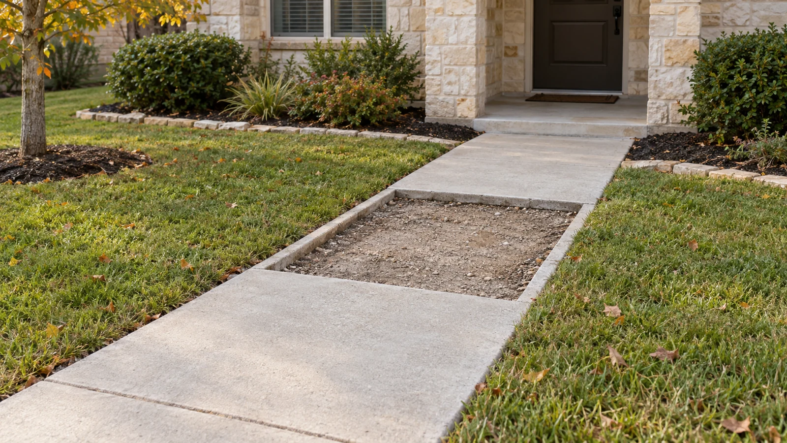 AI-generated editorial illustration of a residential concrete walkway with an empty rectangular repair section.