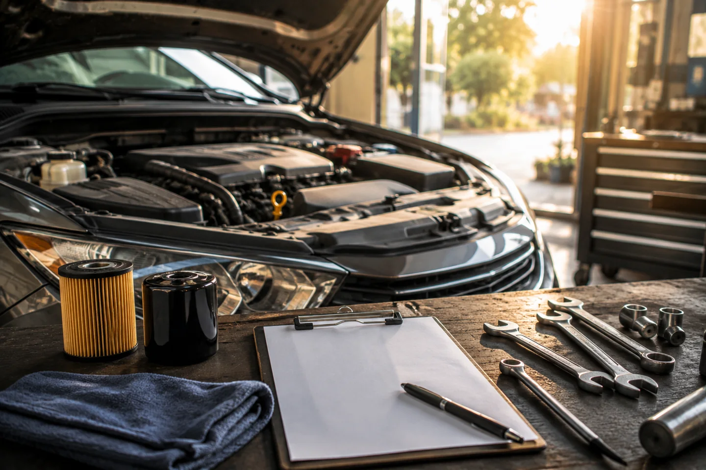 Vehicle with an open hood beside a checklist, filters, and hand tools.