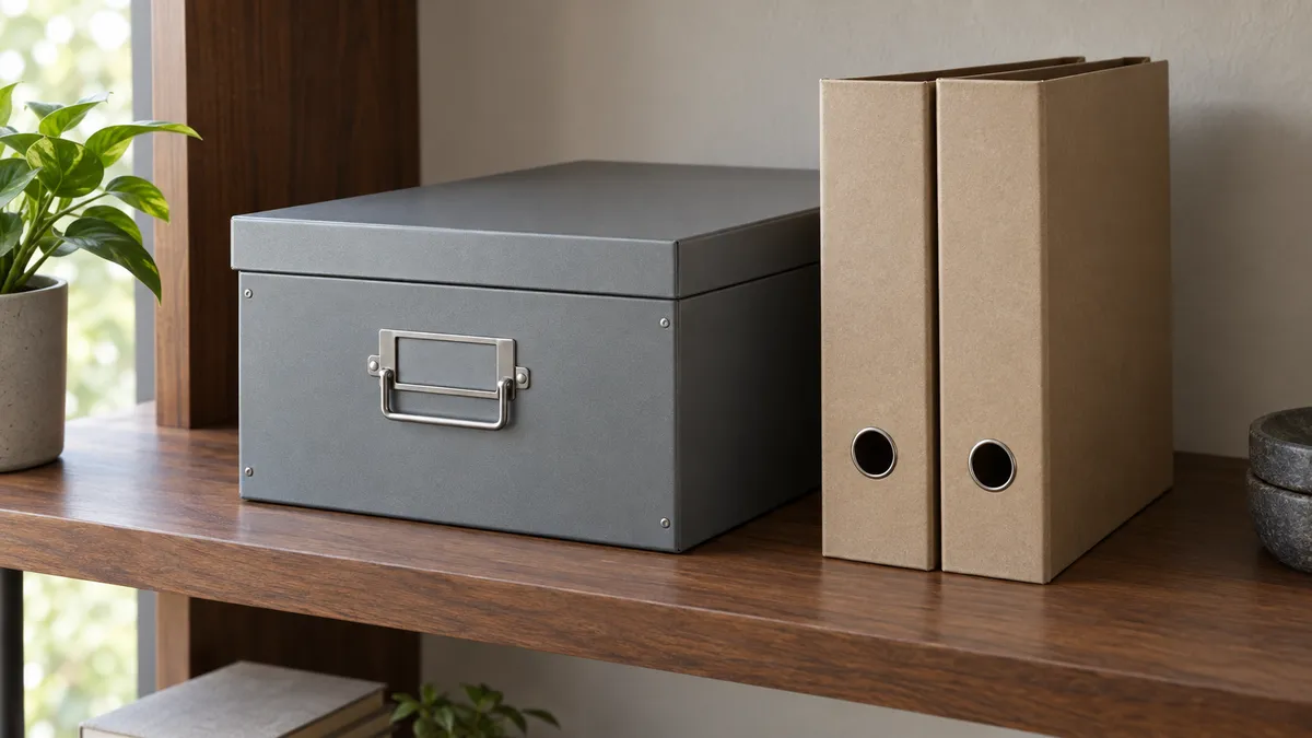 AI-generated editorial illustration of a closed document box and unmarked binders.