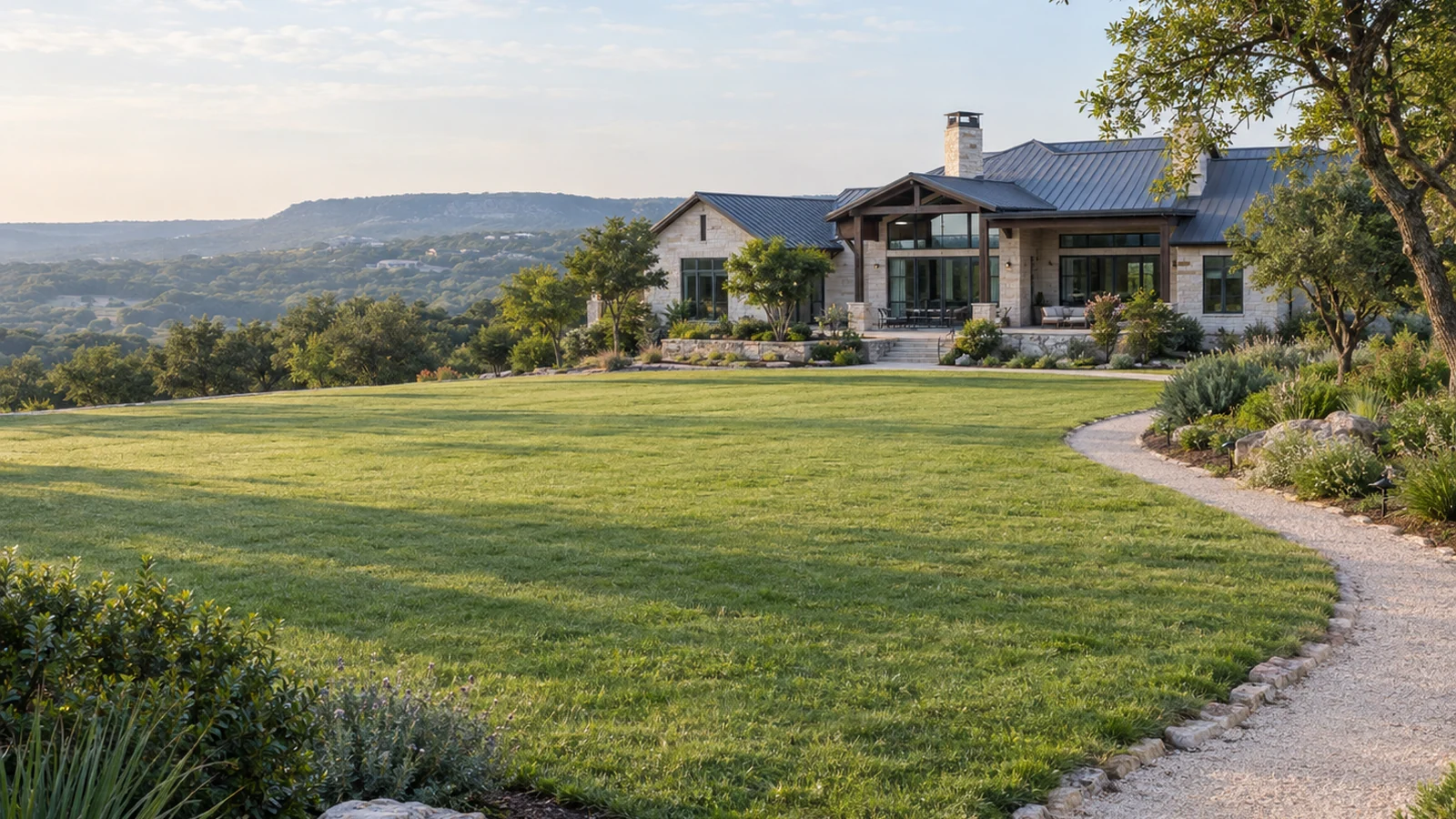 AI-generated illustration of a broad green lawn and curving stone path beside a home overlooking hills.