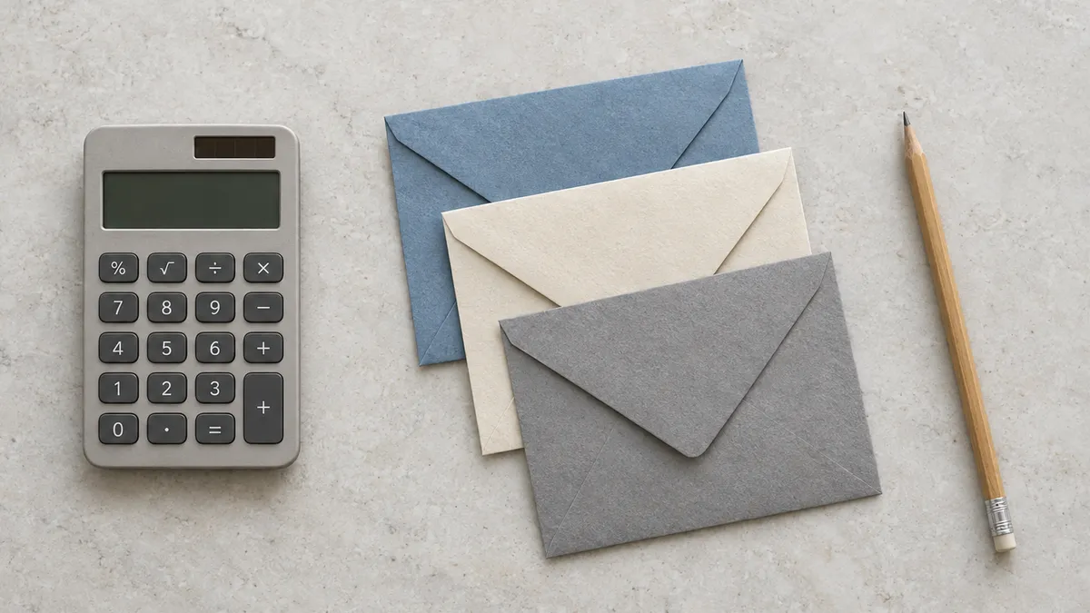 AI-generated editorial illustration of a calculator and three unmarked envelopes.