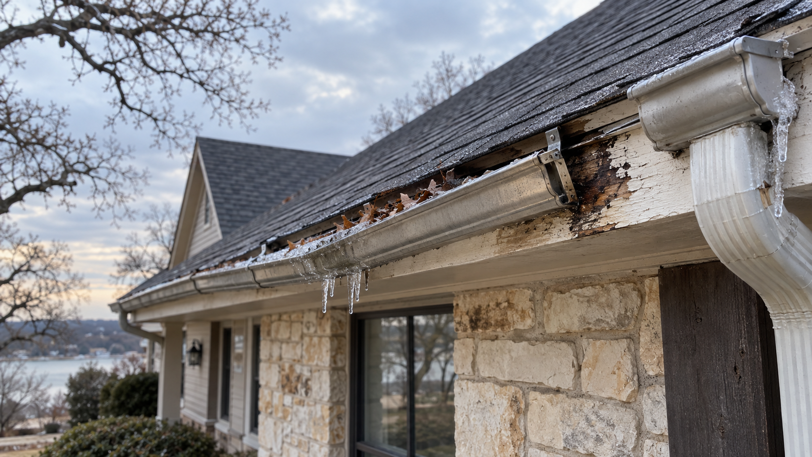 Featured image for the article: Frozen Gutters, Sagging Runs, and Fascia Rot: Winter Gutter Damage in Granbury, TX