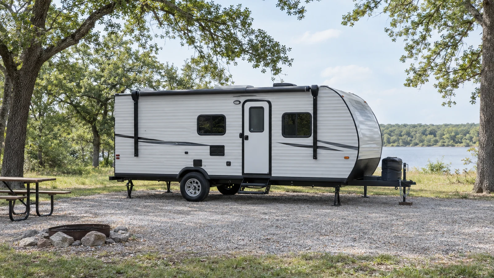 AI-generated editorial illustration of a travel trailer parked on a gravel campground pad beneath oak trees.