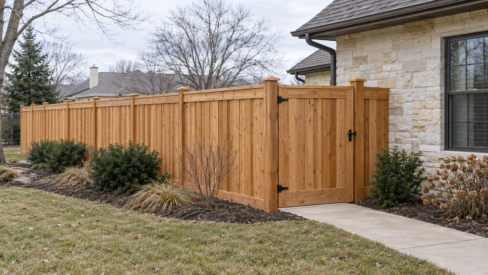 AI-generated editorial illustration of a cedar privacy fence and closed walk gate beside a limestone home.