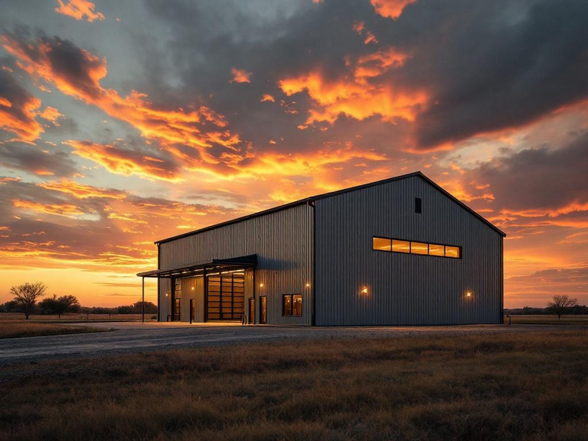 Large custom metal building and steel warehouse against a dramatic Texas sunset sky