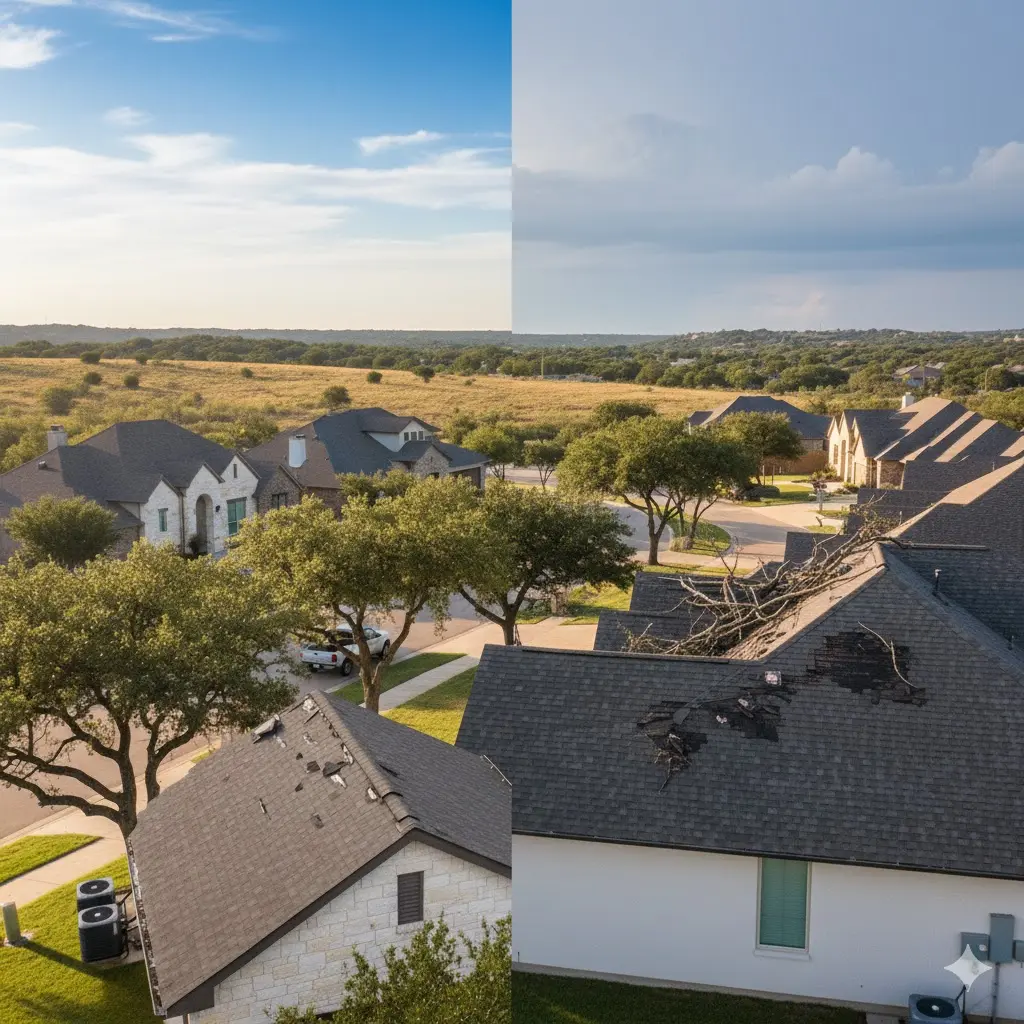Side-by-side view of a neighborhood before and after storm damage to roofs