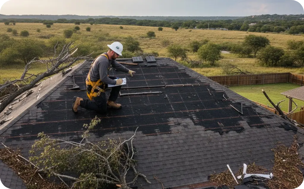 Roofer in a hard hat inspecting storm-damaged shingles with a clipboard